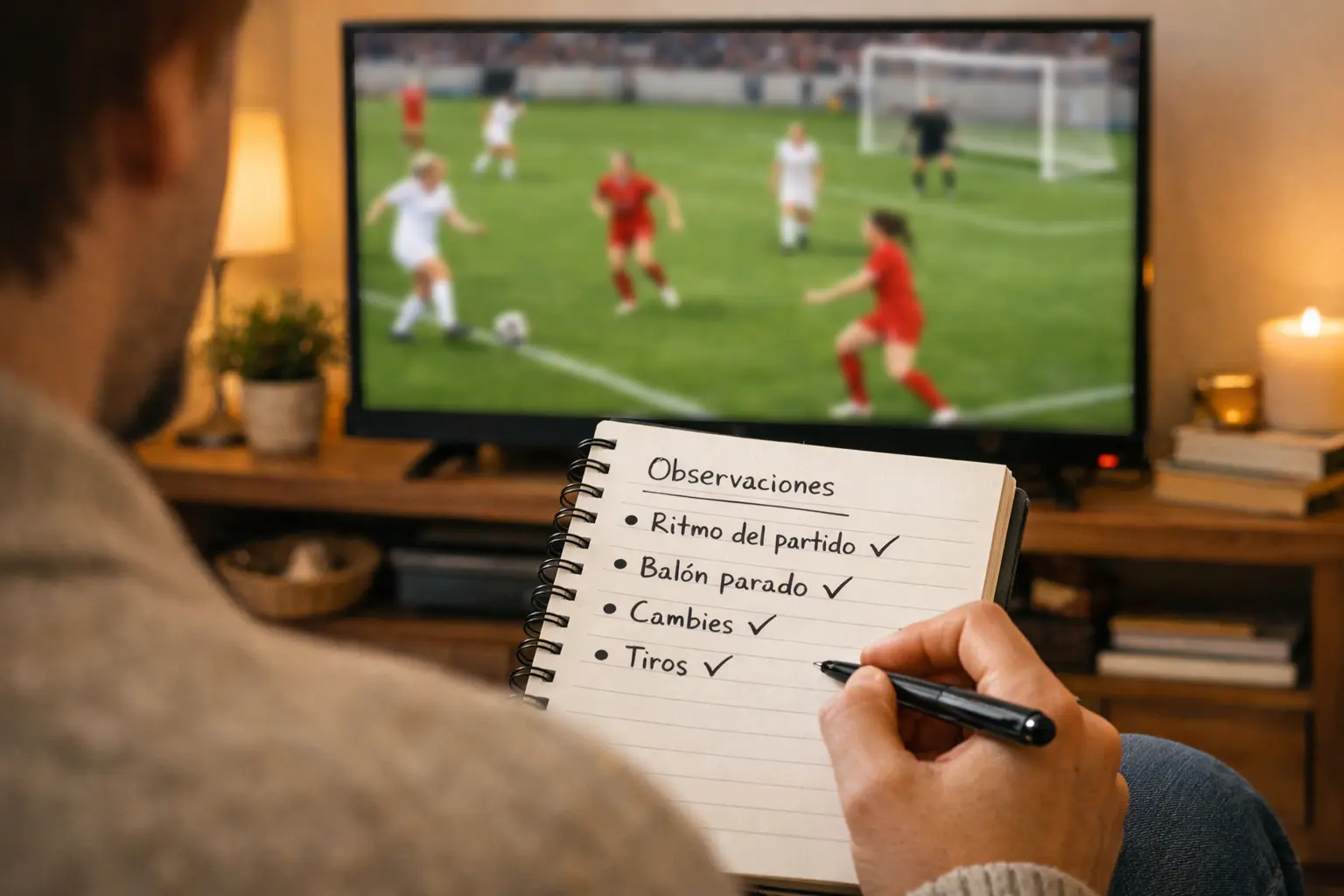 Persona tomando notas mientras analiza partido en televisión