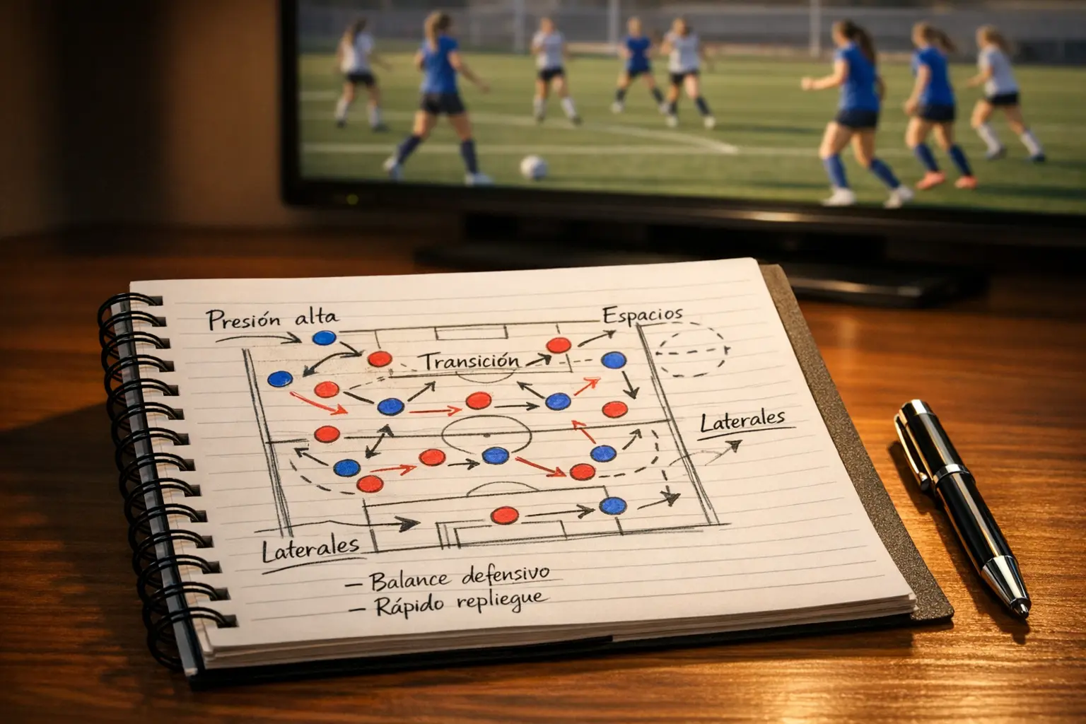 Libreta con notas de análisis táctico junto a campo de fútbol