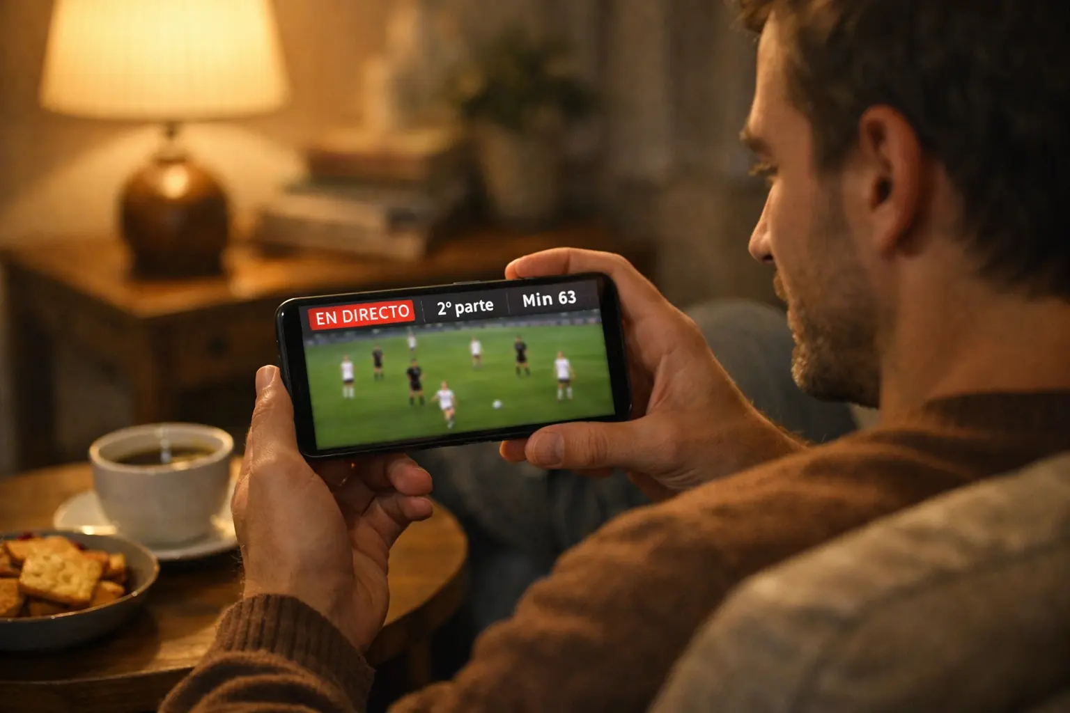 Persona siguiendo partido de fútbol en directo desde dispositivo móvil