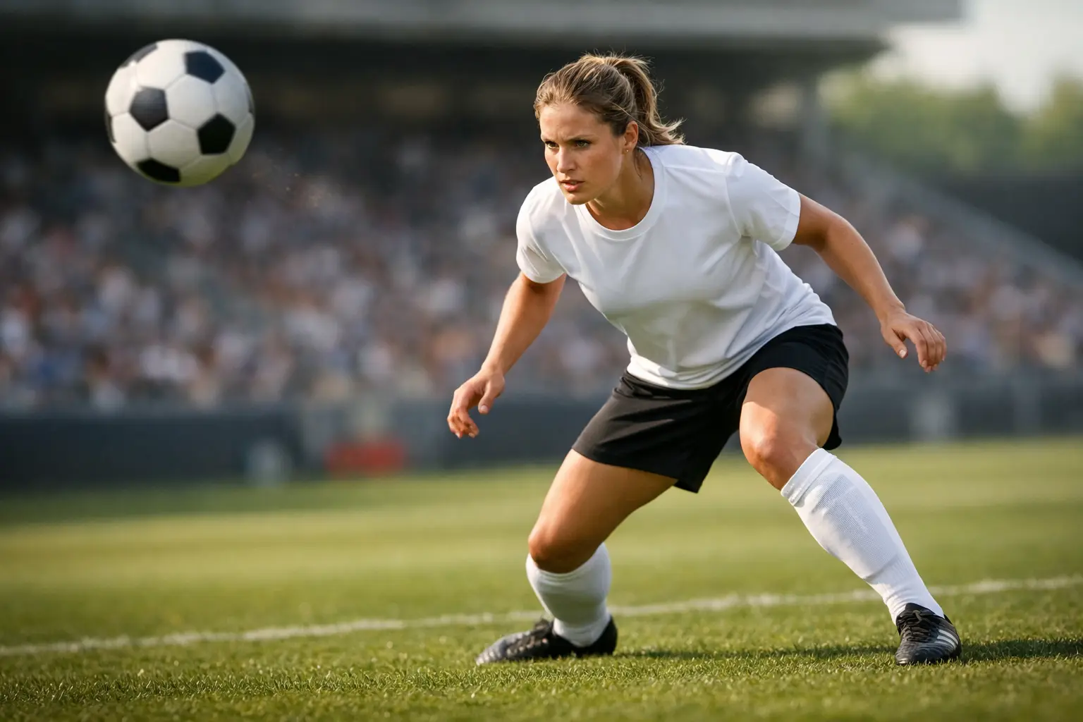 Delantera de fútbol femenino preparándose para disparar