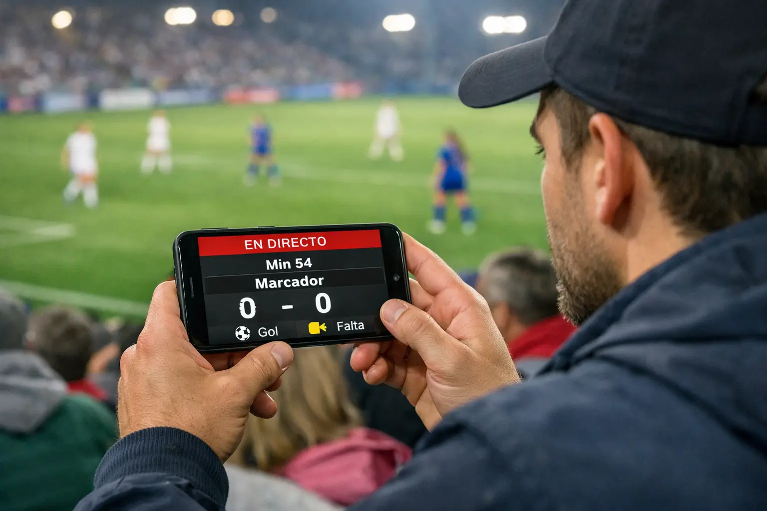 Aficionado viendo partido de fútbol femenino en vivo desde móvil en grada