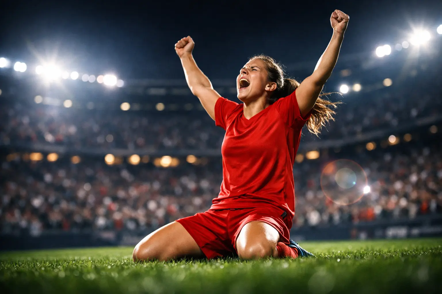 Jugadora de fútbol femenino celebrando gol en estadio iluminado