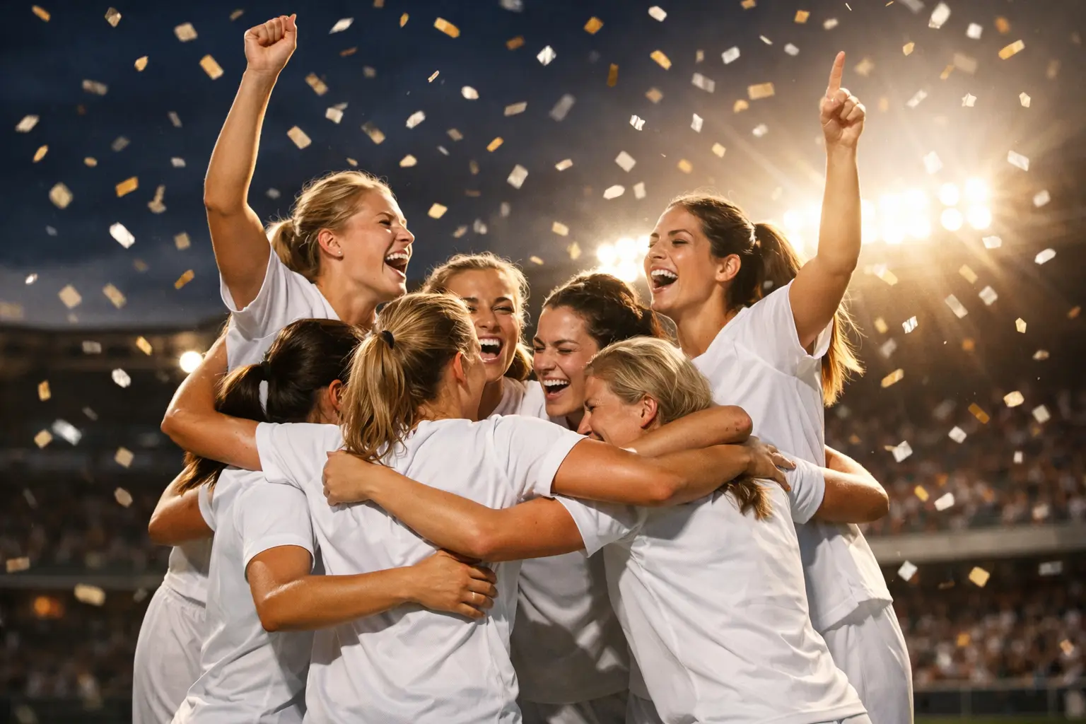 Equipo de fútbol femenino celebrando victoria en competición europea