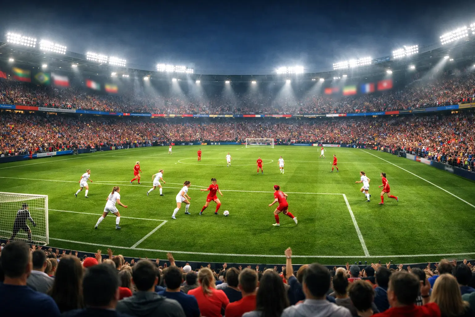 Estadio de fútbol femenino con aficionados durante partido internacional