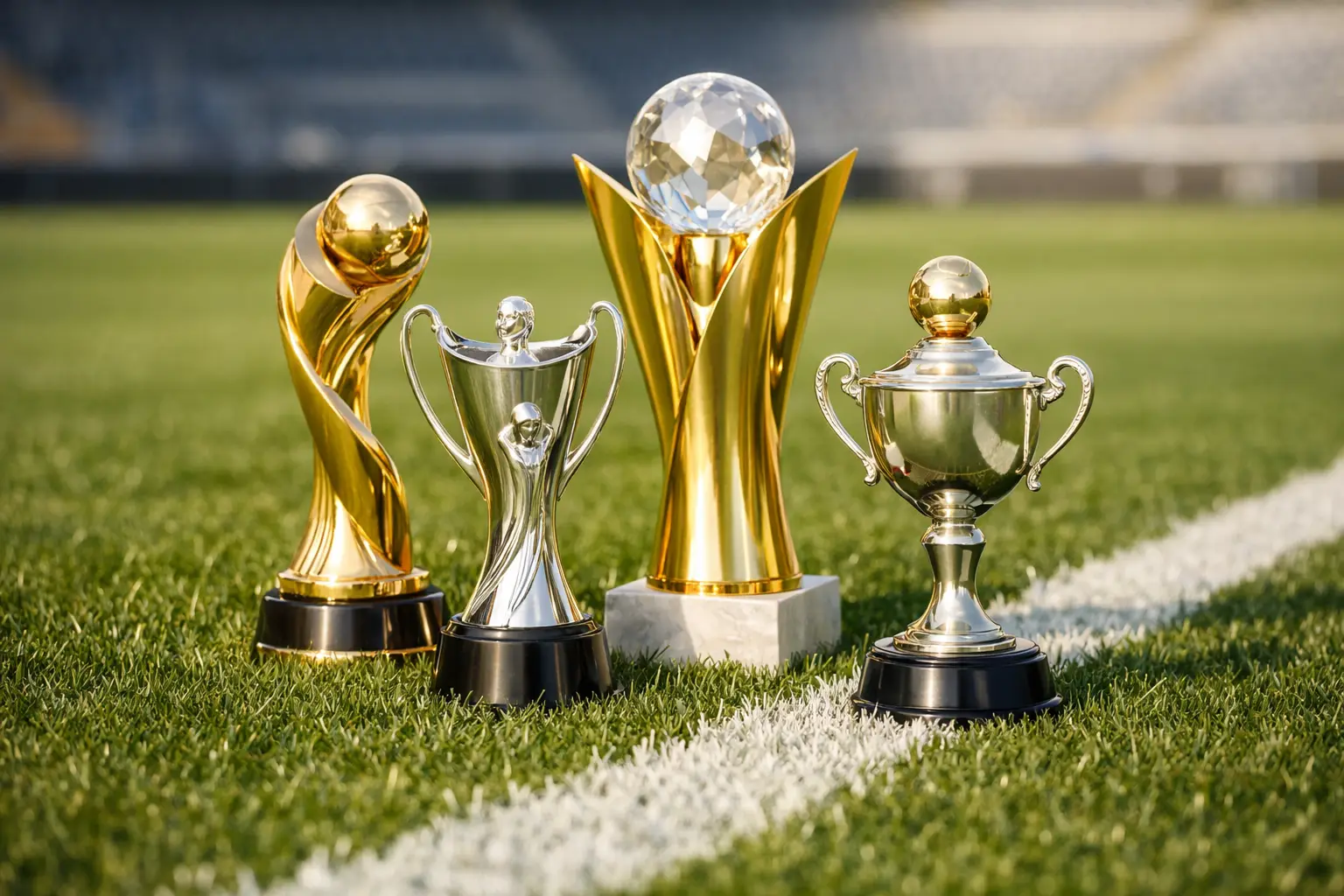 Trofeos de competiciones de fútbol femenino sobre césped verde