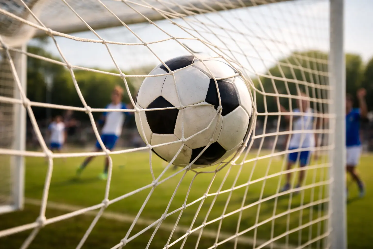 Red de portería de fútbol con balón entrando tras gol