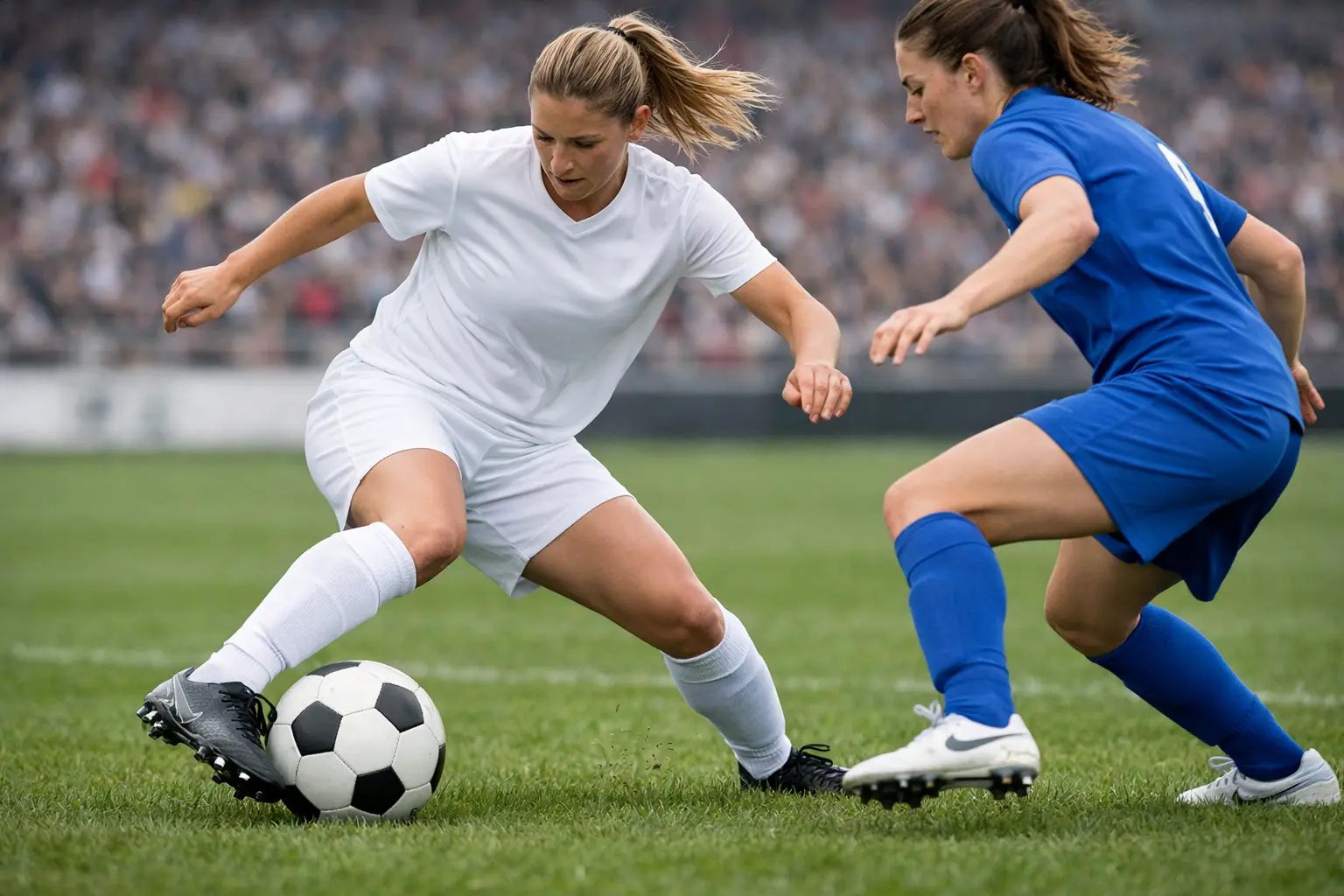 Jugadora de fútbol femenino controlando balón con técnica depurada