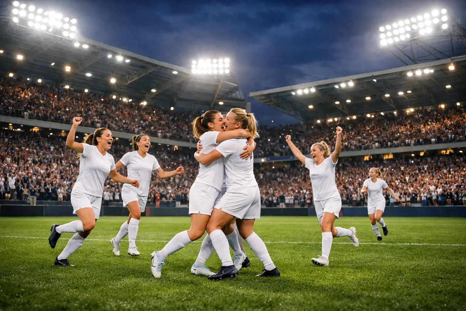 Estadio de fútbol femenino con gradas llenas celebrando un gol