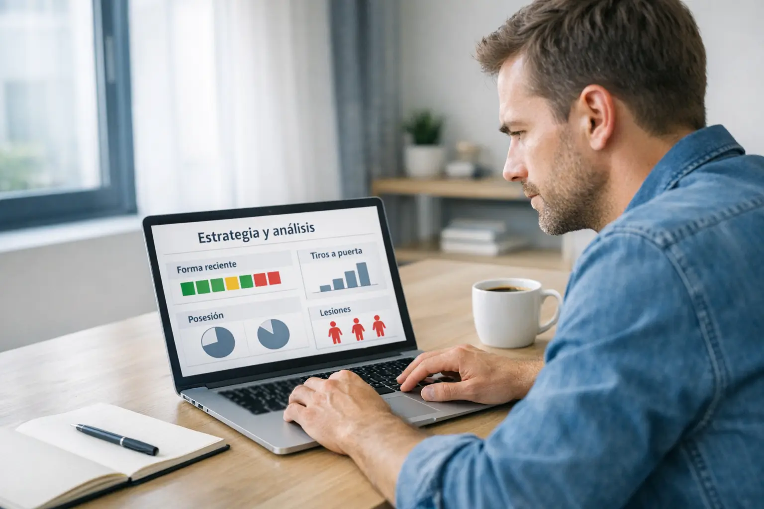 Persona concentrada analizando datos deportivos en portátil