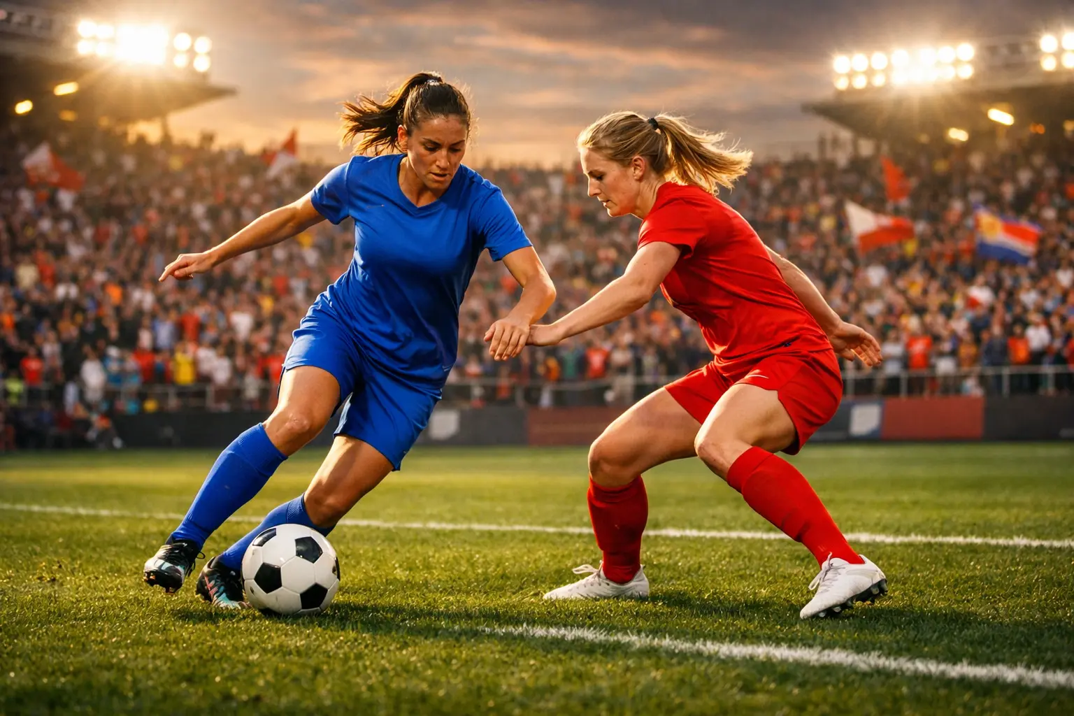 Partido de fútbol femenino profesional en estadio lleno de aficionados