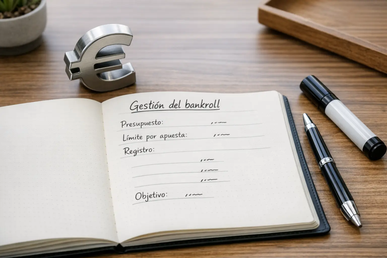 Persona organizando presupuesto con notas y símbolo de euro