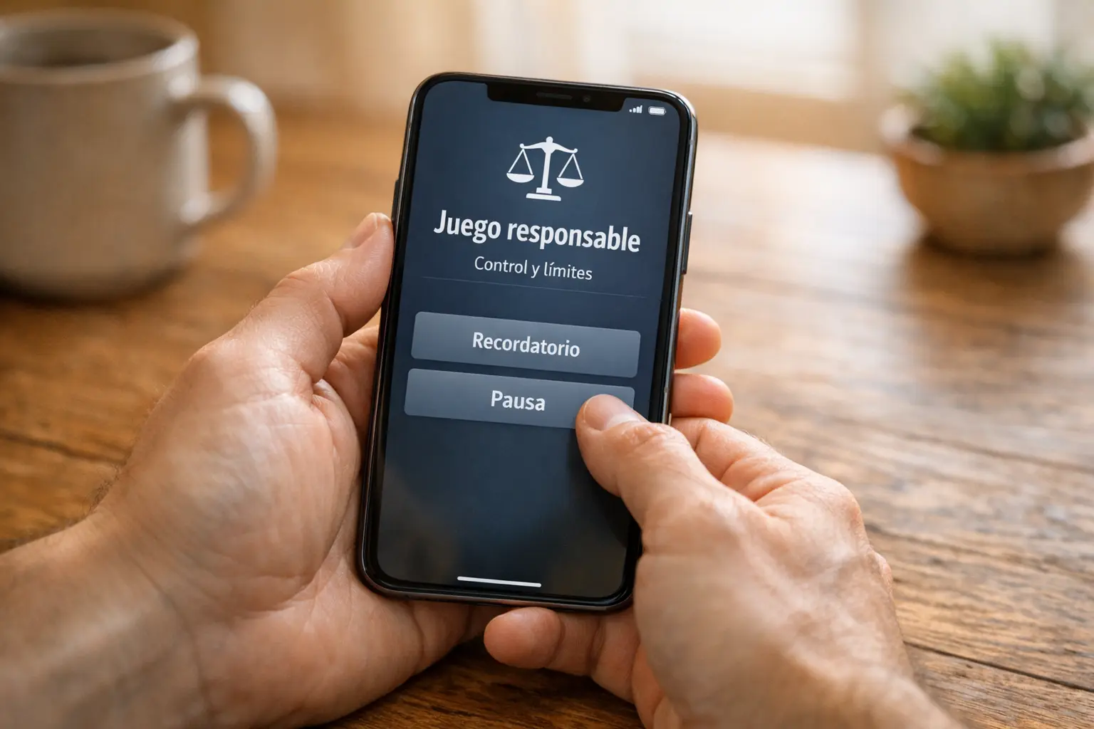 Manos sosteniendo smartphone con símbolo de equilibrio y responsabilidad