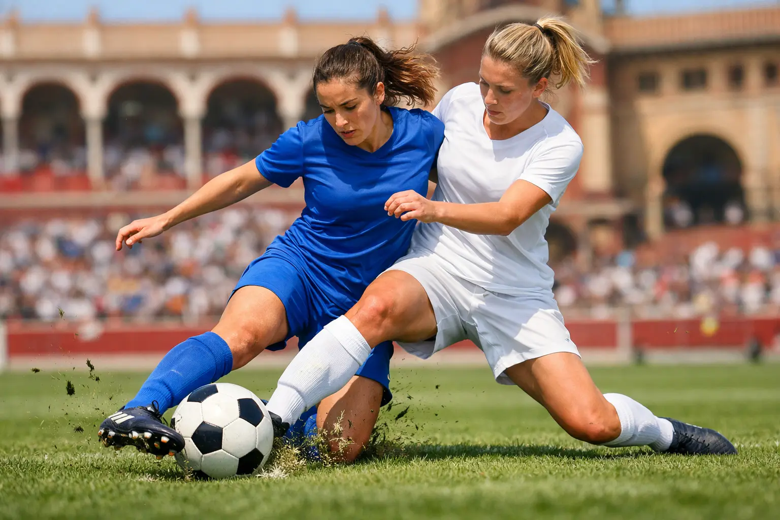 Jugadoras de fútbol femenino disputando balón en campo de césped natural