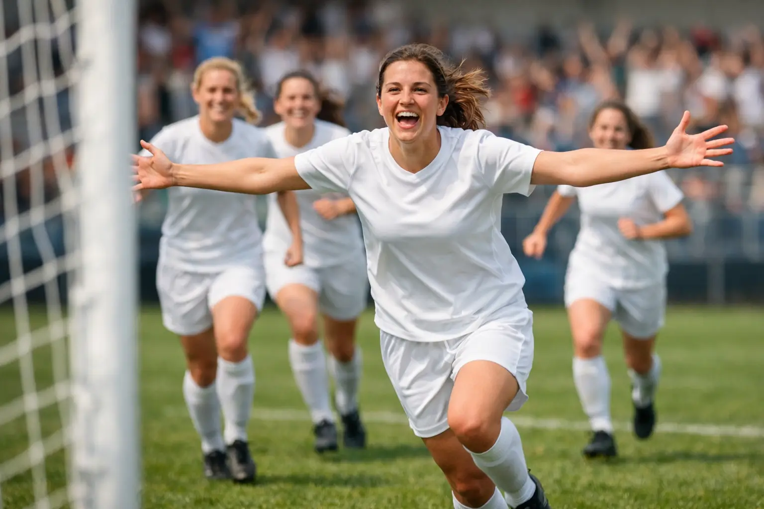 Celebración de gol en partido de fútbol femenino