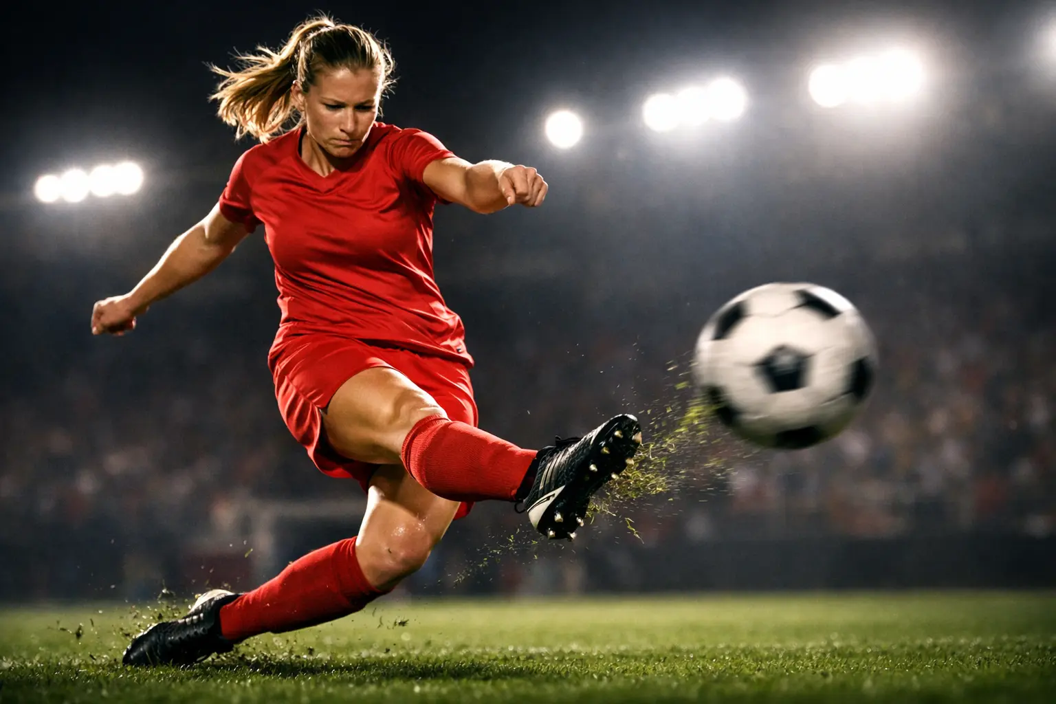 Jugadora de fútbol femenino rematando a portería durante partido