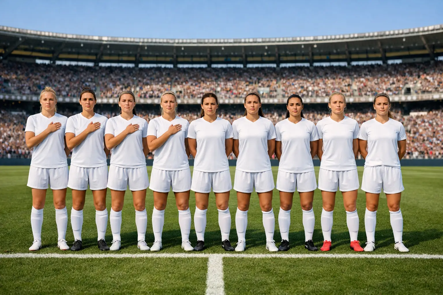 Selección femenina de fútbol alineada antes de partido internacional